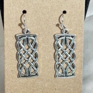 2/$20 Silver tone long rectangular Celtic style hook earrings NWOT